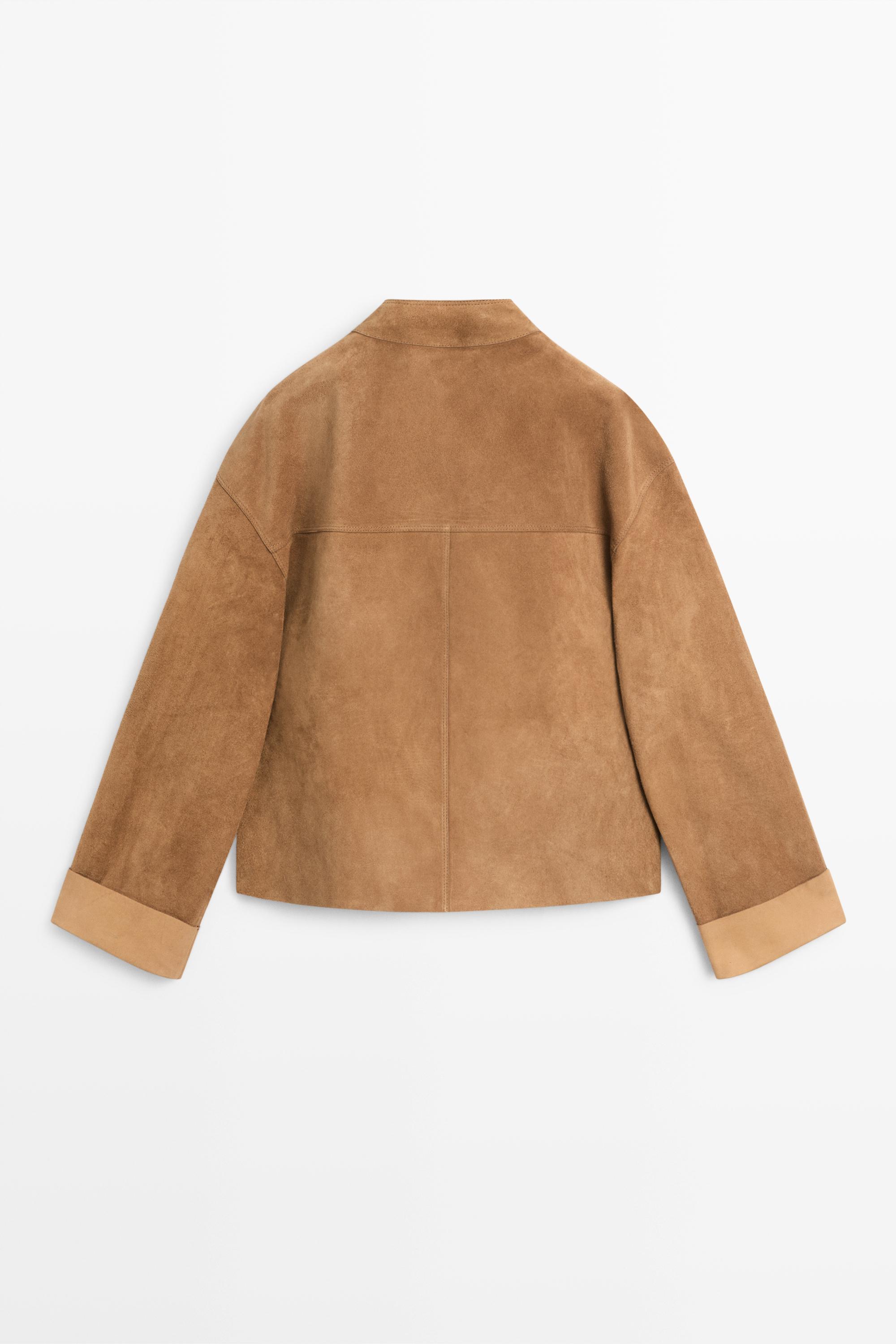 Short double-breasted suede leather jacket